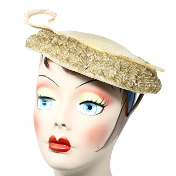 Vintage 50s Platter Hat Dark Ivory w Ruffle and Rhinestones 10" Across - Hey Viv - Picture 2 of 7